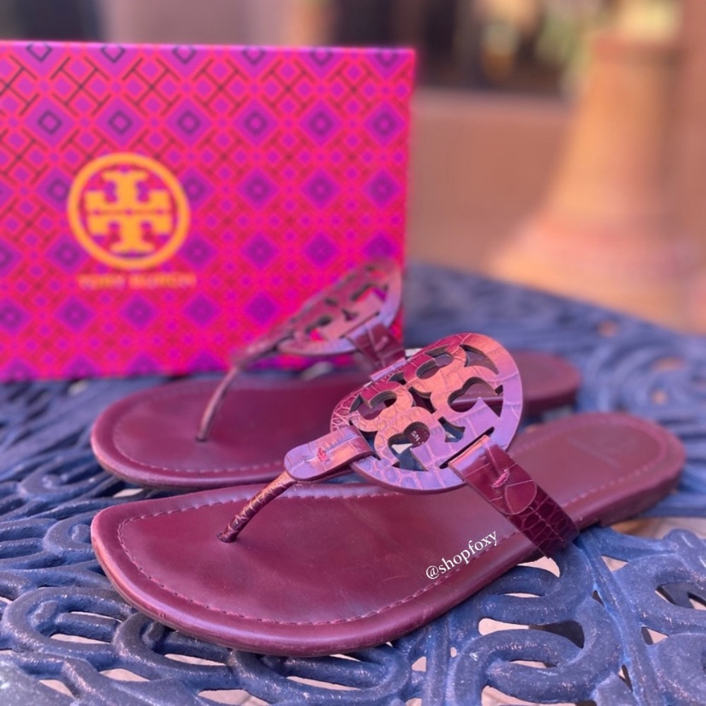 Tory Burch burgundy Croc Embossed Miller Leather Sandal. Very gently used.